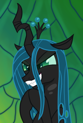 Size: 702x1032 | Tagged: safe, artist:agreylongma, queen chrysalis, changeling, changeling queen, g4, bust, crown, fangs, female, gradient background, jewelry, regalia, sharp teeth, solo, teeth