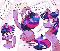 Size: 3550x3000 | Tagged: safe, artist:pakmur, twilight sparkle, pony, unicorn, abstract background, book, bookhorse, doodle, glasses, horn, solo, that pony sure does love books