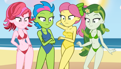 Size: 1613x926 | Tagged: safe, artist:robertsonskywa1, leaf pony, luminous dazzle, posey bloom, windy, human, equestria girls, g4, g5, bare shoulders, beach, bikini, clothes, equestria girls-ified, female, g5 to equestria girls, g5 to g4, generation leap, leaf bikini, looking at you, one-piece swimsuit, outdoors, photo, sleeveless, strapless, swimsuit