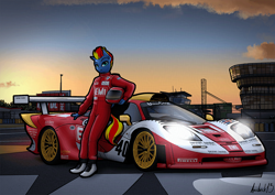 Size: 1160x820 | Tagged: safe, artist:apocheck13, oc, oc:mclaren, pegasus, anthro, car, helmet, le mans, mclaren, motorsport, outdoors, race suit, race track, racecar, racing suit, sunset