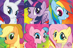 Size: 600x400 | Tagged: safe, applejack, fluttershy, pinkie pie, rainbow dash, rarity, twilight sparkle, earth pony, pegasus, pony, unicorn, g4, cutie mark, female, hat, horn, mane six, mare, open mouth