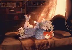 Size: 2303x1600 | Tagged: safe, artist:sweettsa1t, oc, oc only, pegasus, anthro, plantigrade anthro, bed, book, bookshelf, clothes, ear fluff, feet, female, garters, lying down, plushie, prone, reading, socks, solo, stocking feet, stockings, sweater, the pose, thigh highs