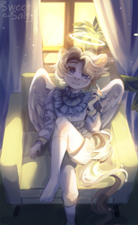 Size: 1505x2448 | Tagged: safe, artist:sweettsa1t, oc, oc only, angel, pegasus, anthro, plantigrade anthro, armchair, chair, clothes, female, halo, shorts, sitting, socks, solo