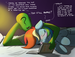 Size: 2146x1641 | Tagged: safe, artist:eels, rainbow dash, oc, oc:anon, human, pegasus, pony, g4, bed, blushing, book, cuddling, cute, dashabetes, dialogue, eyes closed, human on pony snuggling, lying down, lying on bed, on bed, on side, reading, smiling, snuggling