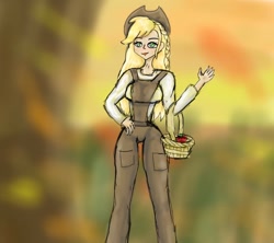 Size: 900x800 | Tagged: safe, artist:darklight402, applejack, human, g4, apple, applejack day, applejack's hat, autumn, basket, clothes, country applejack, cowboy hat, food, hat, humanized, overalls, pretty