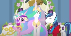 Size: 2144x1077 | Tagged: safe, screencap, princess cadance, princess celestia, queen chrysalis, shining armor, alicorn, changeling, pony, unicorn, a canterlot wedding, g4, my little pony: friendship is magic, season 2, bride, clothes, cropped, disguise, disguised changeling, dress, eyes closed, fake cadance, female, flower, force field, gown, groom, happy, horn, male, marriage, royal wedding, sash, ship:shiningcadance, shipping, straight, trio, uniform, wedding, wedding dress