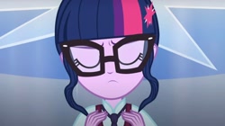 Size: 2160x1209 | Tagged: safe, screencap, sci-twi, twilight sparkle, human, equestria girls, g4, my little pony equestria girls: friendship games, clothes, crystal prep academy, crystal prep academy uniform, eyes closed, hair bun, necktie, sad, school, school tie, school uniform, schoolgirl, solo, song, uniform, what more is out there