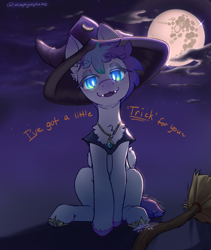 Size: 1600x1900 | Tagged: safe, artist:zephyrsplume, oc, oc only, oc:sweetcloud, bat pony, hybrid, pegasus, pony, mlp fim's fourteenth anniversary, bat pony oc, broom, chest fluff, colored hooves, crescent moon, dark background, dialogue, fangs, glowing, glowing eyes, hat, head tilt, hoof shoes, hooves, hybrid oc, moon, nightmare night, outdoors, sitting, solo, witch hat