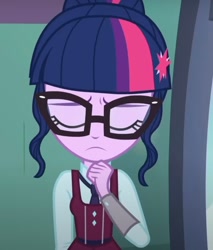 Size: 1032x1213 | Tagged: safe, screencap, sci-twi, twilight sparkle, human, equestria girls, g4, my little pony equestria girls: friendship games, clothes, cropped, crystal prep academy, crystal prep academy uniform, eyes closed, indoors, necktie, raised hand, sad, school, school tie, school uniform, schoolgirl, solo, song, uniform, what more is out there