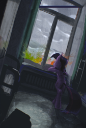 Size: 2761x4073 | Tagged: safe, artist:ciborgen, twilight sparkle, pony, unicorn, g4, backlighting, bed, bipedal, bipedal leaning, indoors, leaning, overcast, solo, unicorn twilight, window