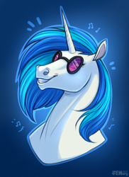 Size: 2172x2982 | Tagged: safe, artist:jenery, dj pon-3, vinyl scratch, pony, unicorn, g4, bust, emanata, etra, female, gradient background, grin, hoers, horn, mare, music notes, patterned background, portrait, smiling, solo, vinyl's glasses