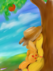 Size: 2121x2828 | Tagged: safe, artist:tridgeon, applejack, earth pony, pony, g4, apple, apple tree, female, mare, outdoors, sleeping, solo, tree