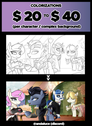 Size: 2040x2809 | Tagged: safe, artist:andaluce, color edit, edit, fancypants, twinkleshine, oc, oc:sunny northfleet, oc:trent, pegasus, pony, unicorn, g4, advertisement, clothes, colored, commission, commission info, commission open, dress, female, gala, gala dress, horn, lineart, male, mare, stallion