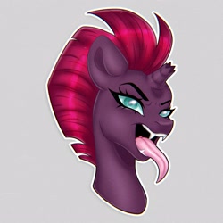 Size: 2560x2559 | Tagged: safe, artist:murny, tempest shadow, pony, unicorn, g4, bust, gray background, horn, portrait, simple background, solo, tongue out