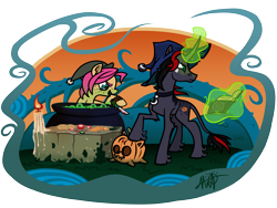 Size: 3200x2400 | Tagged: safe, artist:mafon, oc, oc only, unicorn, g4, altar, book, candle, cauldron, duo, hat, horn, knife, pumpkin, spellbook, vine, witch hat