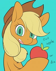 Size: 2021x2553 | Tagged: safe, artist:noupu, applejack, earth pony, pony, g4, apple, blue background, bust, colored pupils, female, food, hoof hold, mare, no catchlights, open mouth, open smile, simple background, smiling, solo, talking to viewer, that pony sure does love apples, threatening