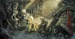 Size: 1200x635 | Tagged: safe, artist:ziom05, carrot top, derpy hooves, golden harvest, pegasus, pony, undead, derpy's and carrot top's journey, g4, armor, bone, female, mare, ruins, scenery, scenery porn, skeleton, statue