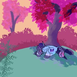 Size: 2000x2000 | Tagged: safe, artist:dandeesaturn, misty brightdawn, pony, unicorn, g5, female, forest, horn, mare, nature, outdoors, rebirth misty, sleeping, solo, tree, unitober 2024