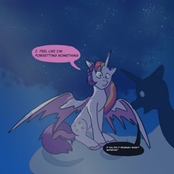 Size: 2000x2000 | Tagged: safe, artist:dandeesaturn, velvet starscout, alicorn, pony, g5, alicorn velvet starscout, alicornified, dialogue, duo, female, mare, night, night sky, outdoors, race swap, silhouette, sitting, sky, skyros, spread wings, unitober 2024, unshorn fetlocks, wings