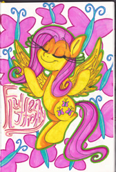 Size: 1696x2523 | Tagged: safe, artist:colorharmonypeeps, fluttershy, pegasus, pony, g4, eyes closed, female, mare, solo, traditional art