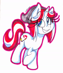 Size: 1584x1821 | Tagged: safe, artist:colorharmonypeeps, oc, oc:color harmony, pony, unicorn, g4, beanie, eye clipping through hair, eyebrows, eyebrows visible through hair, female, hat, horn, mare, smiling, solo, traditional art