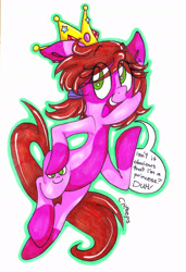 Size: 1617x2369 | Tagged: safe, artist:colorharmonypeeps, oc, oc:ponysona, earth pony, pony, g4, crown, earth pony oc, eye clipping through hair, eyebrows, eyebrows visible through hair, female, jewelry, mare, open mouth, open smile, regalia, smiling, solo, tail, traditional art