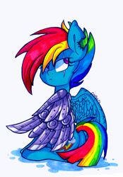 Size: 2043x2935 | Tagged: safe, artist:colorharmonypeeps, rainbow dash, pegasus, pony, g4, alternate timeline, apocalypse dash, artificial wings, augmented, crystal war timeline, eye scar, facial scar, mechanical wing, scar, sitting, solo, spread wings, torn ear, traditional art, wings