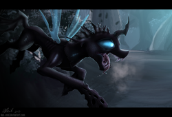 Size: 2832x1922 | Tagged: safe, artist:duh-veed, changeling, drool, fangs, flying, forest, nature, open mouth, sharp teeth, solo, teeth, tongue out, tree