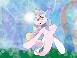 Size: 2048x1536 | Tagged: safe, artist:rinnapaws, destiny (g5), seapony (g4), g5, my little pony: tell your tale, bioluminescent, bubble, coral, dorsal fin, female, fin, fin ears, fin wings, fins, fish tail, flowing mane, flowing tail, happy, human shoulders, jade sea, looking at you, mare, ocean, outdoors, ribcage, sea pony (g5), seaweed, smiling, solo, swimming, tail, underwater, unitober 2024, water, wings