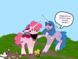 Size: 2048x1536 | Tagged: safe, artist:rinnapaws, izzy moonbow, oc, oc:rinna binna, pony, unicorn, g5, comforting, crafting, crying, dialogue, duo, duo female, female, horn, mare, outdoors, plushie, unitober 2024