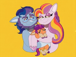 Size: 2048x1536 | Tagged: safe, artist:rinnapaws, argyle starshine, sunny starscout, velvet starscout, earth pony, pony, g5, abstract background, family, father and child, father and daughter, female, filly, filly sunny starscout, foal, holding a pony, hug, male, mare, mother and child, mother and daughter, parent and child, past, stallion, trio, unitober 2024, younger