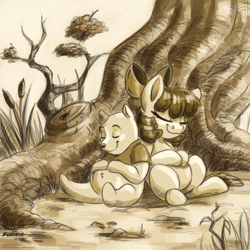 Size: 6000x6000 | Tagged: safe, artist:faline-art, apple bloom, bear, earth pony, pony, g4, absurd file size, absurd resolution, adorabloom, crossover, cute, duo, female, filly, foal, happy, male, mare, monochrome, pooh, sepia, sleeping, tree, winnie the pooh