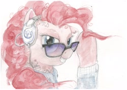 Size: 2340x1654 | Tagged: safe, artist:quiet-victories, pinkie pie, earth pony, pony, g4, clothes, cutie mark headphones, female, grin, headphones, looking at you, mare, shirt, smiling, solo, sunglasses, tattoo, traditional art, watercolor painting