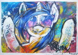 Size: 1871x1328 | Tagged: safe, artist:quiet-victories, dj pon-3, vinyl scratch, pony, unicorn, g4, female, gouache, hooves, horn, mare, markers, mixed media, smiling, solo, sunglasses, traditional art