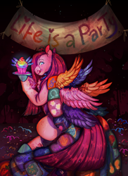 Size: 1500x2059 | Tagged: safe, artist:bunnari, pinkie pie, earth pony, pony, fanfic:cupcakes, g4, clothes, cupcake, cutie mark dress, dress, female, food, horse meat, mare, meat, pinkamena diane pie, rainbow cupcake, solo