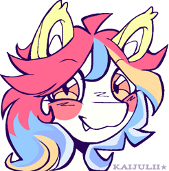 Size: 529x537 | Tagged: safe, artist:kaijulii, oc, oc only, oc:pequeña piñata, bat pony, :3, ahoge, bat pony oc, blue hair, blue mane, ear tufts, fangs, icon, multicolored hair, multicolored mane, pink hair, pink mane, ponysona, profile picture, simple background, solo, white background, white fur, yellow fur, yellow hair, yellow mane