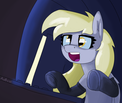 Size: 3000x2547 | Tagged: safe, alternate version, artist:aubs, derpy hooves, pegasus, pony, g4, clothes, computer, indoors, newbie artist training grounds, socks, solo