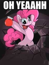 Size: 480x640 | Tagged: safe, artist:secoh2000, edit, pinkie pie, pony, g4, 2012, belly, bipedal, caption, female, ice, ice cube, image macro, kool-aid man, mare, meme, oh yeah, old art, open mouth, roflbot, solo, text, watermark