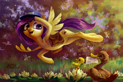 Size: 1753x1181 | Tagged: safe, artist:holivi, oc, oc only, bird, dragonfly, duck, insect, pegasus, pony, animal, armpits, bag, complex background, digital art, female, flying, forest, letter, lilypad, mare, nature, not fluttershy, open mouth, postman's hat, saddle bag, scenery, smiling, solo, spread wings, tree, waving, wings