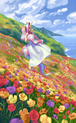 Size: 3500x5600 | Tagged: safe, artist:holivi, oc, oc only, unicorn, anthro, beautiful, clothes, commission, dress, female, flower, flower field, flower in tail, horn, ocean, scenery, solo, tail, water