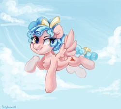 Size: 2000x1800 | Tagged: safe, artist:lazybread, cozy glow, pegasus, pony, g4, chest fluff, cloud, female, filly, flying, foal, grin, outdoors, sky, smiling, solo, spread wings, wings