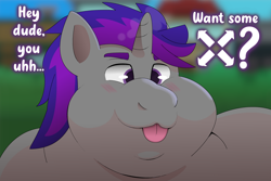 Size: 2700x1800 | Tagged: safe, artist:brushwork, oc, oc only, oc:lexington, pony, unicorn, blushing, bust, chubby cheeks, commission, fat, horn, male, outdoors, portrait, solo, tongue out, ych result