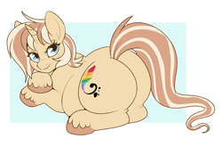 Size: 941x621 | Tagged: safe, artist:lulubell, oc, oc only, oc:lulubell, pony, unicorn, butt, chubby, cute, female, freckles, horn, large butt, looking at you, looking back, mare, ocbetes, plot, smiling, smiling at you, solo, unshorn fetlocks