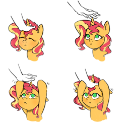 Size: 600x600 | Tagged: safe, anonymous artist, sunset shimmer, pony, unicorn, g4, behaving like a cat, cute, female, hand, horn, mare, pet request, petting, shimmerbetes, simple background, white background