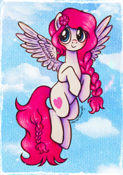 Size: 1436x2048 | Tagged: safe, artist:dariarchangel, oc, oc only, pegasus, pony, g4, adorable face, blue eyes, blue sky, blushing, braid, c:, cloud, commission, cute, cute face, cute smile, female, female oc, flower, flower in hair, flying, long hair, long mane, long tail, mare, ocbetes, outdoors, passepartout, pegasus oc, pink hair, pink mane, pink tail, pony oc, pretty, raised hoof, sky, smiling, solo, sparkles, spread wings, tail, traditional art, white coat, wings