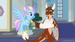 Size: 3840x2160 | Tagged: safe, artist:limedazzle, oc, oc:ash, classical hippogriff, hippogriff, wyvern, bandage, book, duo, indoors, male, school of friendship