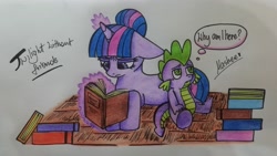 Size: 3911x2209 | Tagged: safe, artist:mashee, spike, twilight sparkle, dragon, pony, unicorn, g4, book, bored, colored, crayon, crayon drawing, disappointed, duo, duo male and female, ears back, female, floor, floppy ears, glowing, glowing horn, hair bun, horn, indoors, learning, levitation, lineart, looking down, looking up, lying down, magic, male, pencil drawing, photo, reading, serious, serious face, sitting, studying, telekinesis, traditional art, unicorn twilight