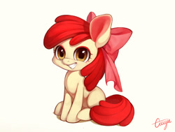 Size: 1181x894 | Tagged: safe, artist:ciciya, apple bloom, earth pony, pony, g4, adorabloom, blank flank, colored ears, cute, female, grin, pixiv, signature, simple background, sitting, smiling, solo, white background