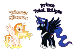 Size: 6677x4532 | Tagged: safe, anonymous artist, oc, oc only, oc:prince total eclipse, oc:princess kilonova, alicorn, pony, g4, absurd resolution, alicorn oc, closed mouth, cousins, crown, duo, duo male and female, eyebrows, eyelashes, eyes open, facial hair, family, female, hoof shoes, horn, jewelry, looking, looking at you, looking back, looking back at you, male, mare, name, nostrils, offspring, parent:oc:prince magnetar superstar, parent:oc:prince umbra shadowmoon, parent:oc:princess pulsar superstar, parent:oc:princess umbra bloodmoon, parents:superstarcest, parents:umbracest, prince, princess, product of incest, regalia, royalty, show accurate, simple background, smiling, smiling at you, spread wings, stallion, text, transparent background, vector, wall of tags, wings