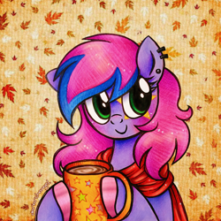 Size: 2792x2792 | Tagged: safe, artist:dariarchangel, oc, oc only, earth pony, g4, abstract background, adorable face, autumn, autumn leaves, blushing, bust, c:, chocolate, clothes, colored hooves, commission, cozy, cute, cute face, cute smile, ear piercing, earring, earth pony oc, female, food, green eyes, hoof hold, hooves, hot chocolate, jewelry, leaves, maple leaf, mare, mug, ocbetes, patterned background, piercing, pink hair, pink mane, portrait, pretty, purple coat, scarf, smiling, solo, stars, sweet dreams fuel, traditional art, two toned hair, two toned mane